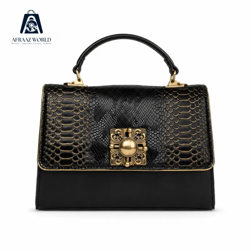 Black Snakeskin-Embossed Top Handle Bag with Ornate Gold Clasp