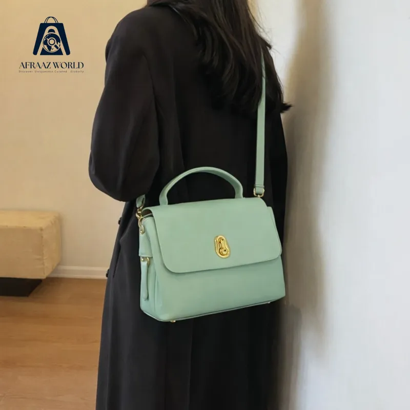 Mint Green Faux Leather Crossbody Handbag with Gold-Tone Lock
